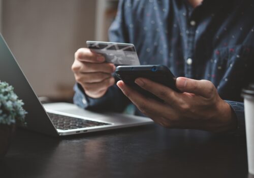 man paying and shopping with smartphone application e commerce wallet app technology.