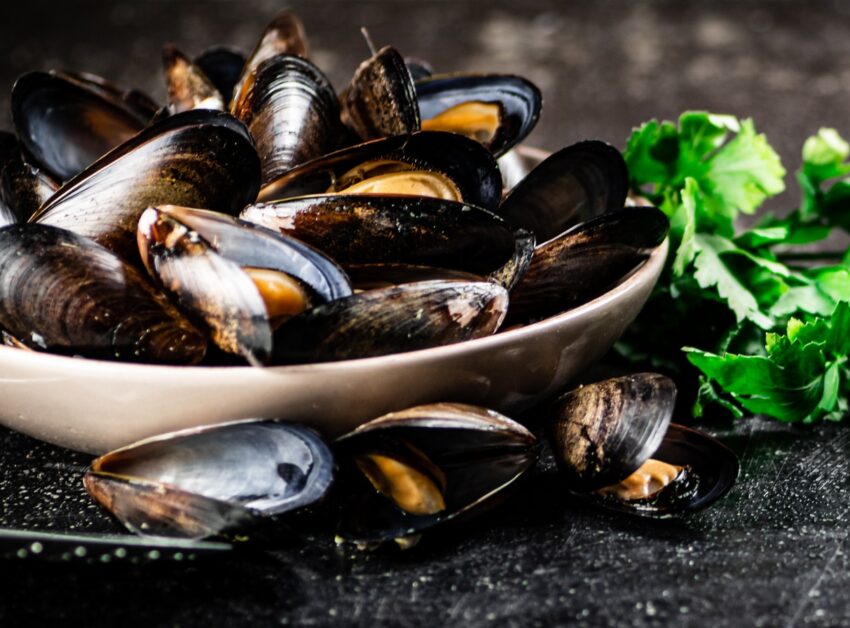 Boiled mussels in a bowl with parsley.