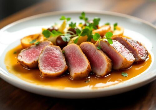 découvrez notre recette facile d’aiguillettes de canard sauce foie gras, un plat gastronomique raffiné à réaliser chez vous pour impressionner vos invités.