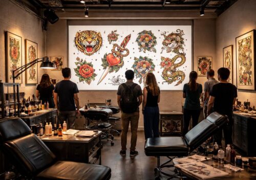 découvrez comment l’écran de projection transforme le studio en une exposition unique lors des flash days tatouage, offrant une expérience immersive et artistique.