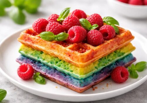 découvrez la recette gourmande de la gaufre arc en ciel à la framboise et au basilic, une explosion de saveurs colorées qui surprendra et séduira tous vos invités.