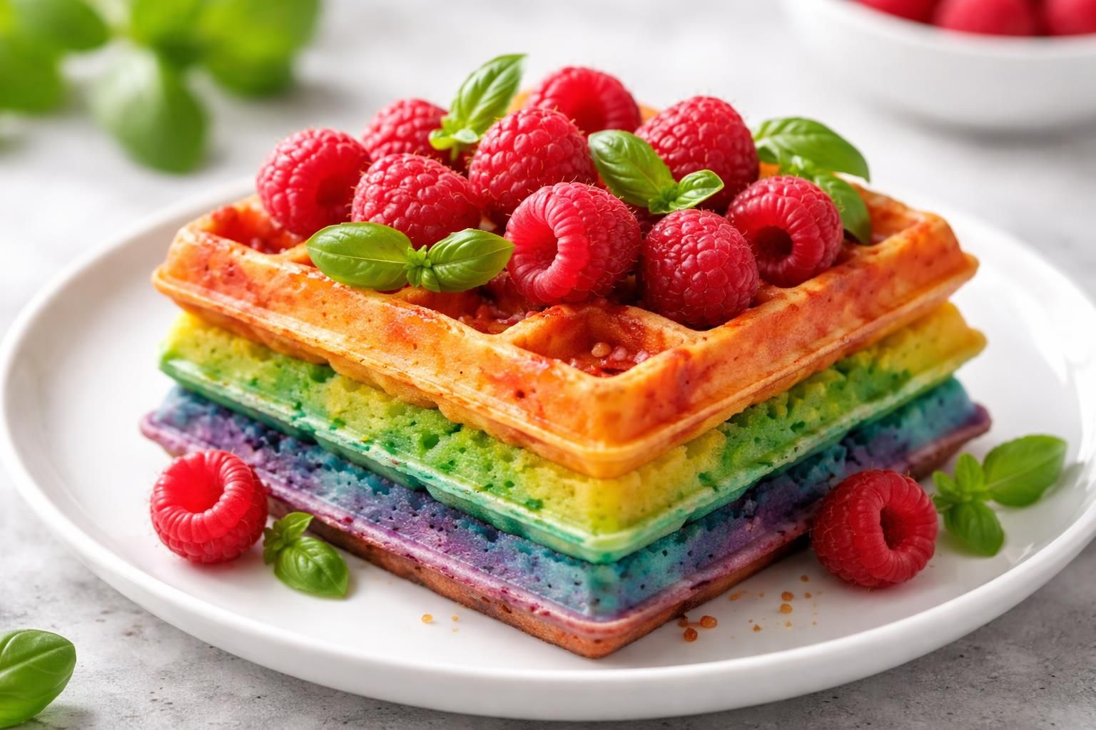 découvrez la recette gourmande de la gaufre arc en ciel à la framboise et au basilic, une explosion de saveurs colorées qui surprendra et séduira tous vos invités.