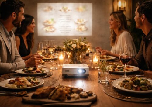 découvrez une soirée dégustation unique avec le mini vidéoprojecteur epson, projetant en grand le menu du dîner pour une expérience conviviale et immersive.