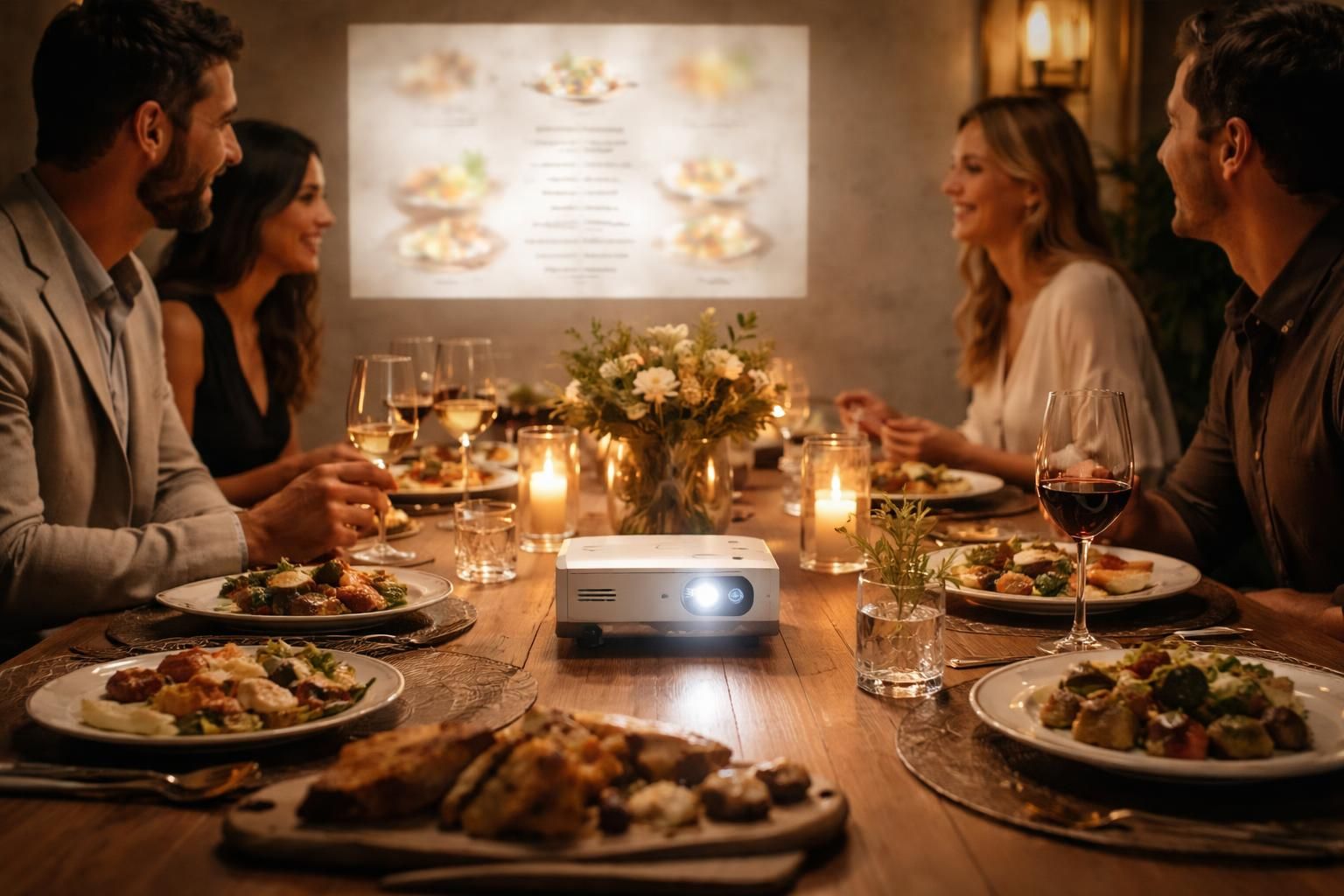 découvrez une soirée dégustation unique avec le mini vidéoprojecteur epson, projetant en grand le menu du dîner pour une expérience conviviale et immersive.