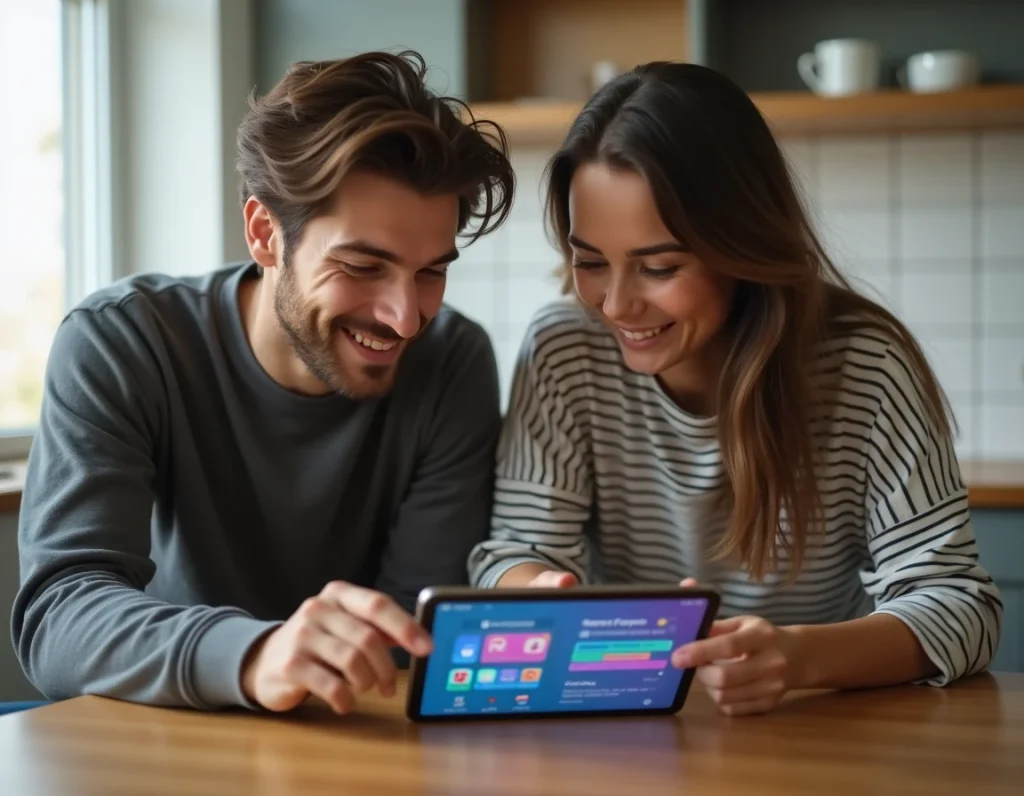 Deux amis consultant ensemble les paramètres de partage de dés gratuits Monopoly GO sur une tablette dans une cuisine moderne