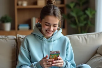 Jeune femme jouant à Monopoly GO sur smartphone depuis son canapé, configurant ses paramètres de partage de dés via les réseaux sociaux