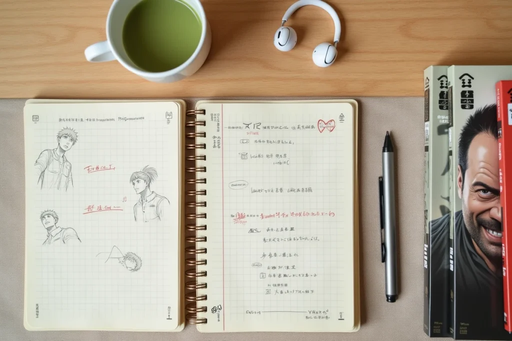 Vue de dessus d'une table en bois avec des volumes manga Demon Slayer, des notes manuscrites et une tasse de matcha dans un espace étude minimaliste