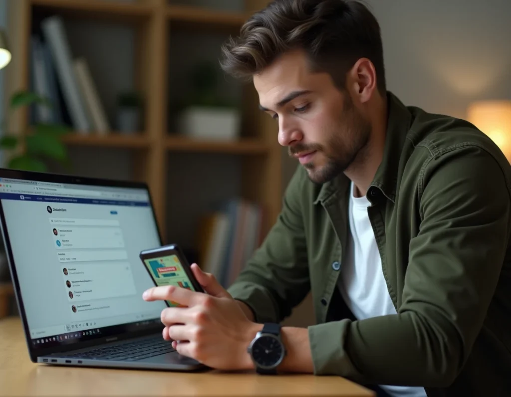 Homme paramétrant les connexions Facebook et Snapchat pour obtenir des dés gratuits sur Monopoly GO depuis un bureau à domicile