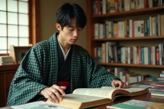 Jeune homme en haori japonais traditionnel lisant des volumes de manga Demon Slayer à un bureau en bois dans une pièce de style japonais