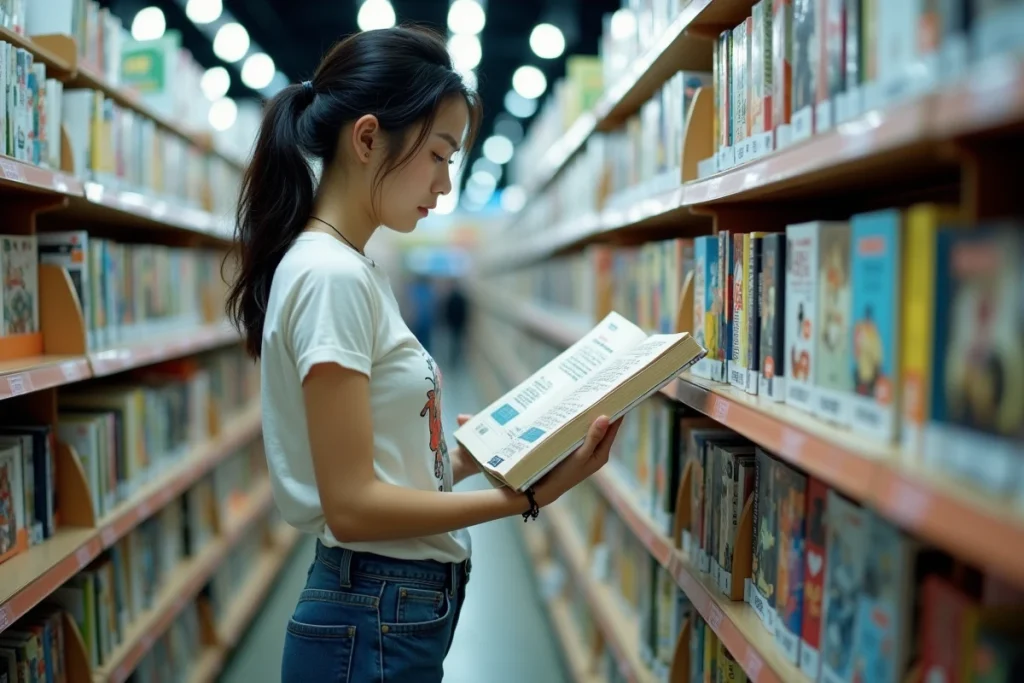 Femme parcourant un rayon manga dans une librairie japonaise moderne tenant un volume de Demon Slayer ouvert