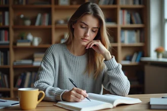 Jeune femme consultant un livre de grammaire française pour vérifier l'orthographe du mot enfait ou enfaite