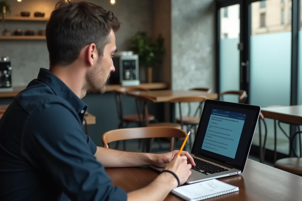 Homme dans un café vérifiant l'orthographe correcte d'enfait ou en fait sur son ordinateur portable avec un carnet de notes
