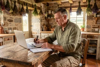 Agriculteur lisant des avis fiables sur agri convivial avant d'investir dans une ferme