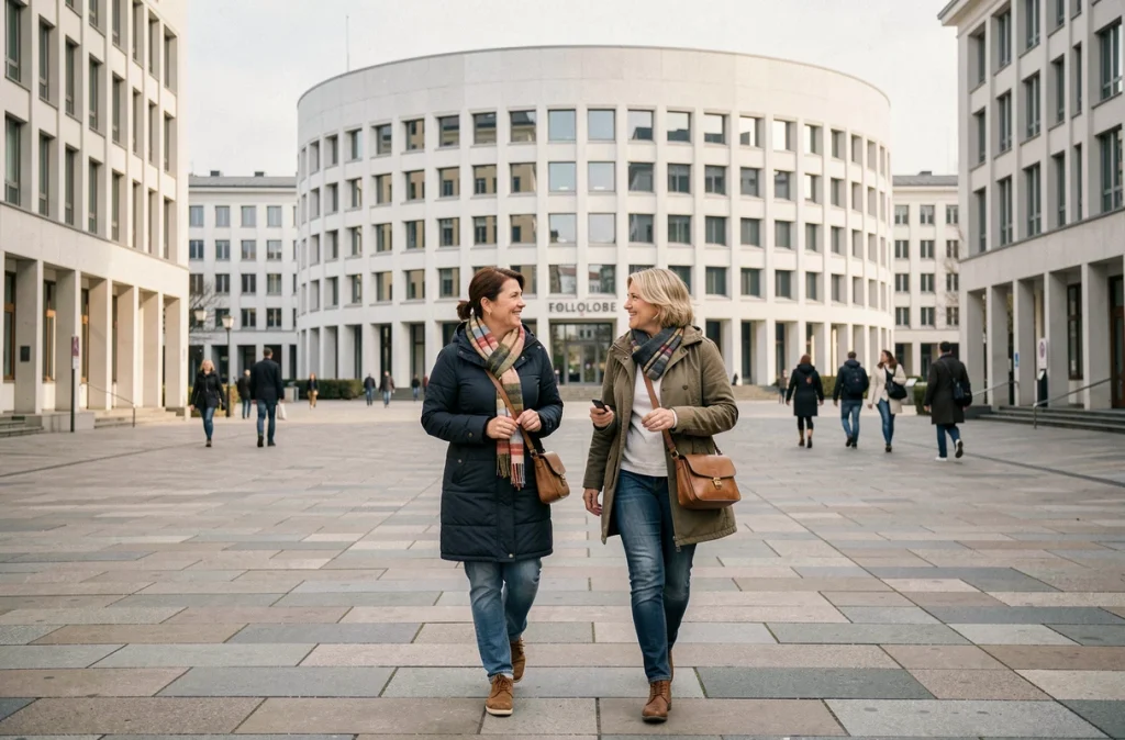 Deux femmes en balade dans le Regierungsviertel de Berlin avec le Paul-Löbe-Haus en arrière-plan