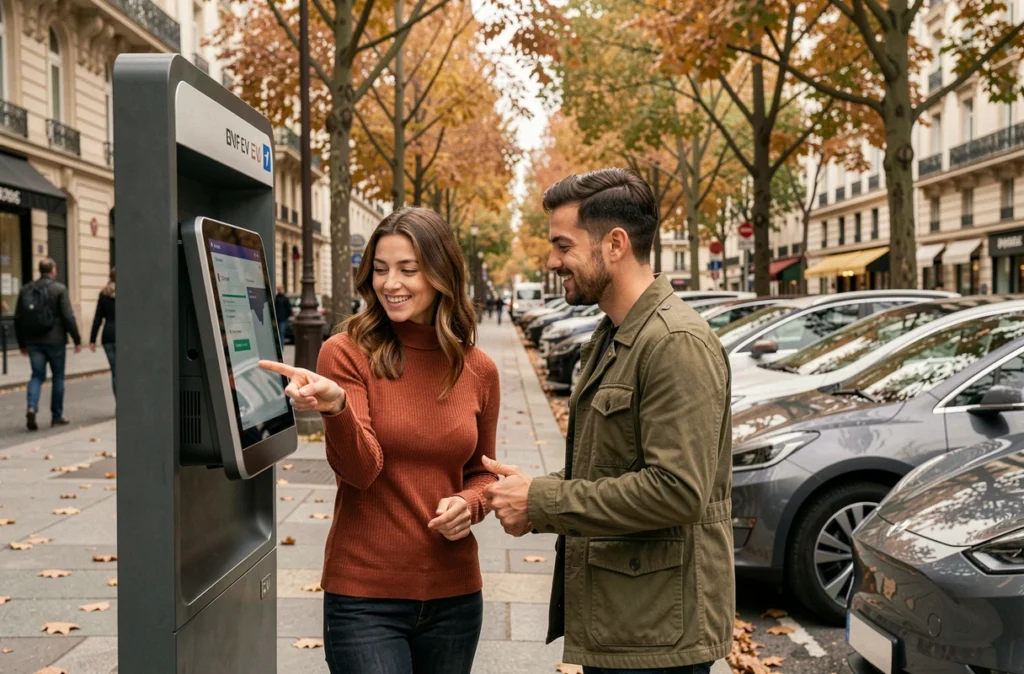 Deux collègues consultant une borne de location de voitures électriques en libre-service sur un boulevard parisien
