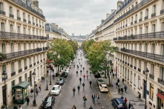Boulevard haussmannien animé dans la plus grande ville française avec des bâtiments en pierre de taille et des piétons