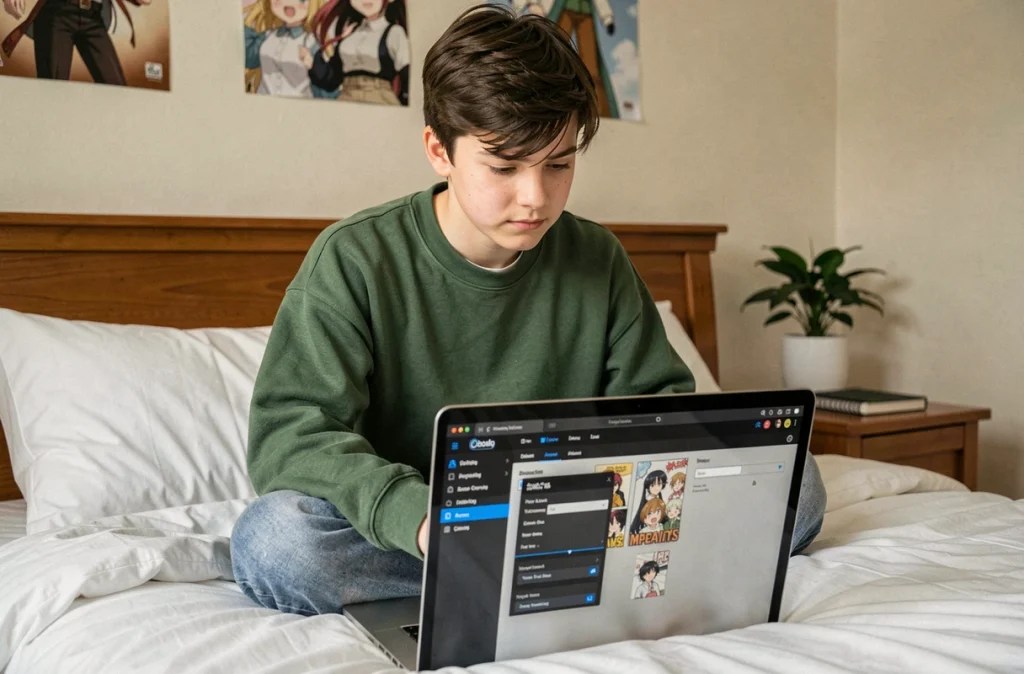 Adolescent configurant les réglages de lisibilité d'une plateforme de lecture de manga sur ordinateur portable, assis sur un lit dans une chambre moderne