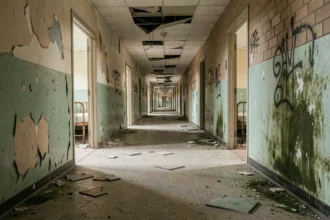 Couloir délabré d'un hôpital psychiatrique abandonné avec peinture écaillée et cadres de lits rouillés