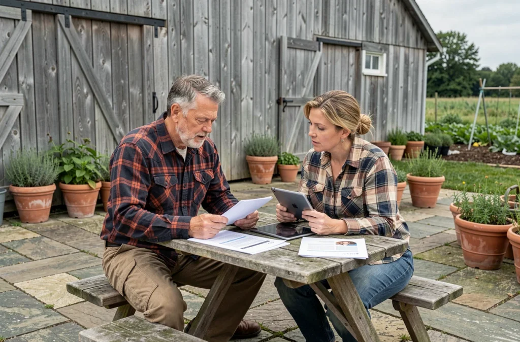 Couple d'agriculteurs étudiant des témoignages et avis fiables sur agri convivial pour un investissement agricole