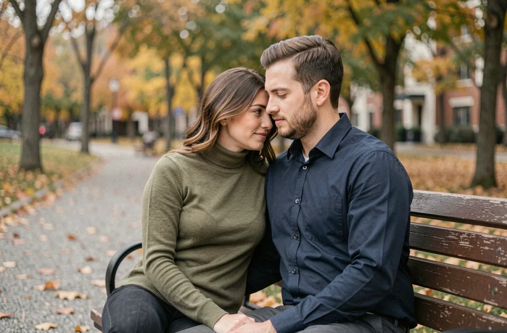 Couple complice assis sur un banc en automne, illustrant la relation tendre et équilibrée recherchée par l'homme Vierge