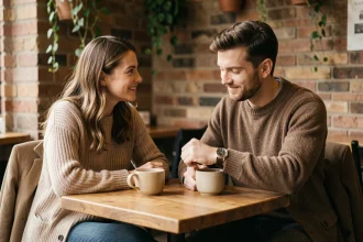 Couple amoureux dans un café regardant une montre à 21h12, illustration de l'heure miroir et de l'engagement en 2026