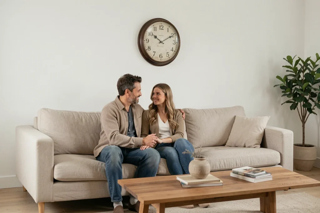 Couple tenant leurs mains en regardant une horloge murale affichant 21h12 dans un salon moderne, évoquant l'engagement amoureux et la symbolique des heures miroirs