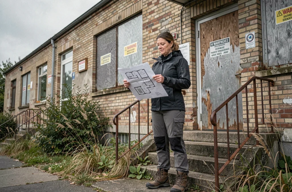 Femme exploratrice étudiant un plan devant la façade d'un hôpital psychiatrique abandonné