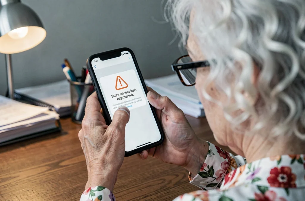Femme âgée regardant avec méfiance un message de paiement suspect sur son smartphone, arnaque Le Bon Coin