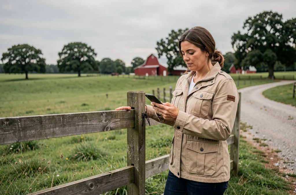 Femme consultant des avis sur son téléphone avant d'investir dans une exploitation agricole conviviale