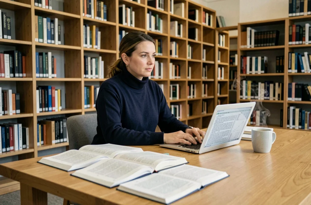 Femme chercheuse étudiant des documents scientifiques et des hypothèses dans une bibliothèque moderne