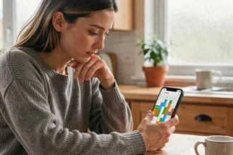 Femme concentrée jouant à Codycross sur son smartphone dans une cuisine chaleureuse, illustrant les astuces pour éviter les pièges du mot du jour