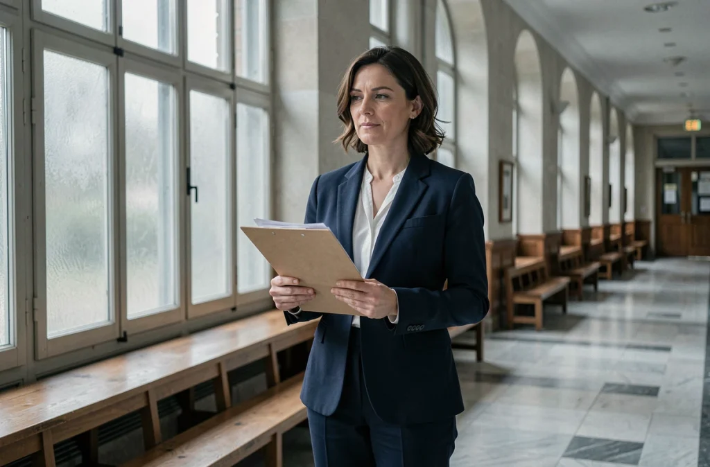 Femme tenant des documents juridiques dans un couloir de palais de justice français relatifs à une contravention