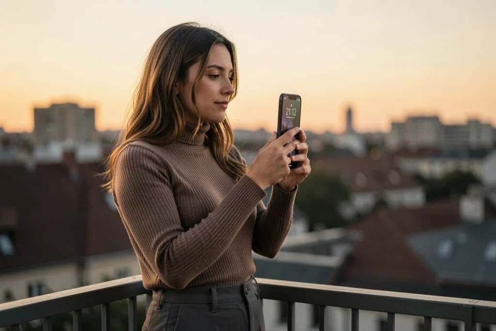 Femme seule sur un balcon urbain regardant l'heure 21h12 sur son téléphone, symbolisant la signification spirituelle de l'heure miroir en amour