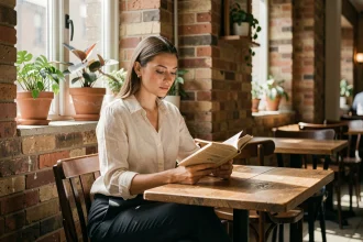 Femme indépendante et sereine lisant seule dans un café, illustrant la personnalité autonome appréciée par l'homme Vierge
