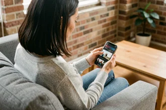Femme naviguant sur un site de vidéo en streaming depuis son smartphone sur un canapé dans un appartement moderne