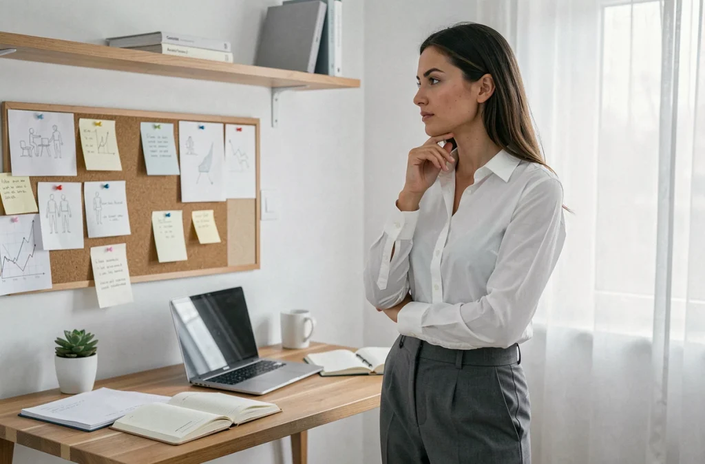 Femme réfléchie et organisée dans son bureau à domicile, symbolisant la personnalité structurée et autonome attirante pour l'homme Vierge