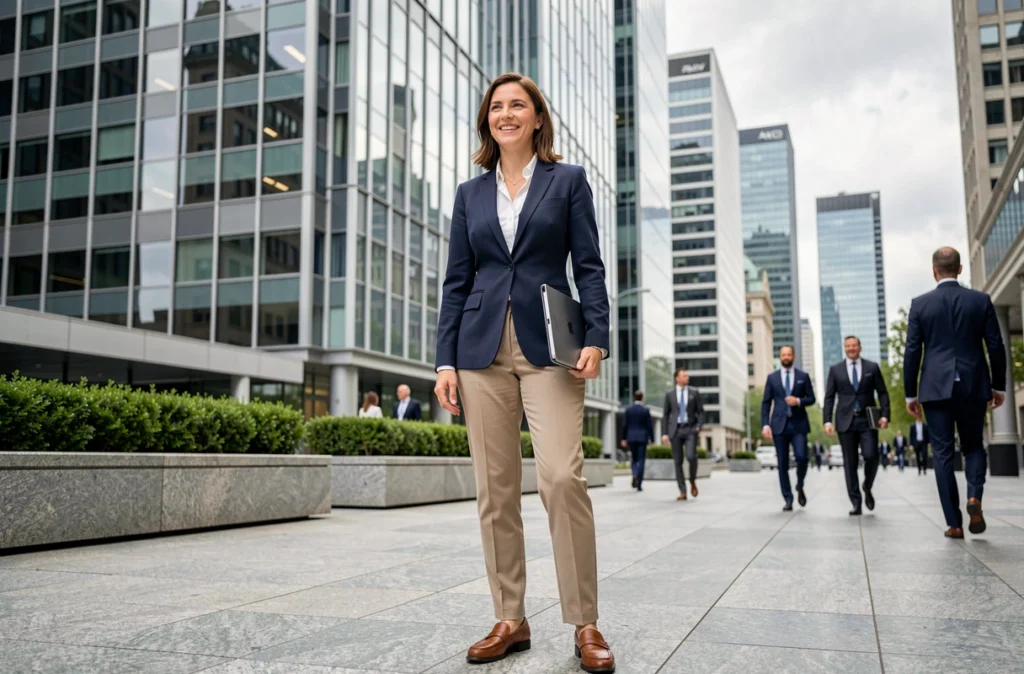 Femme professionnelle devant une tour de bureaux moderne dans le quartier d'affaires de Paris