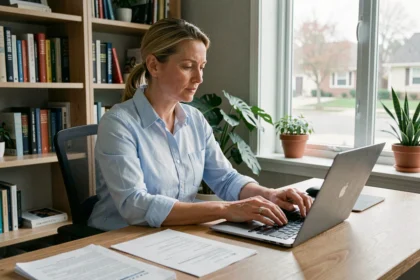 Femme consultant des documents de rachat de crédit immobilier à son bureau à domicile