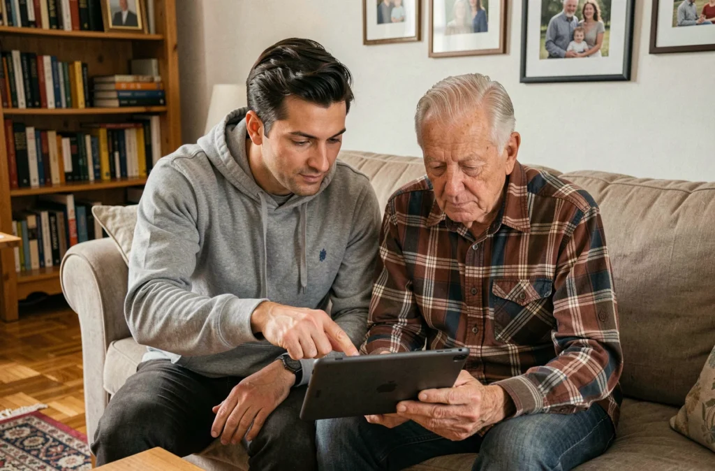 Fils expliquant les arnaques sur Le Bon Coin à son père âgé devant une tablette dans un salon