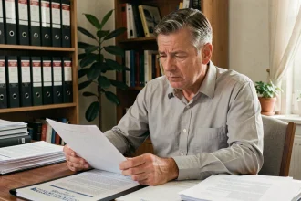 Homme consultant une contravention de 5ème classe et des documents officiels à son bureau à domicile