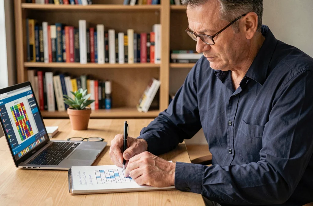 Homme avec lunettes résolvant une grille de mots croisés Codycross sur papier dans un bureau à domicile, avec un ordinateur portable affichant l'application