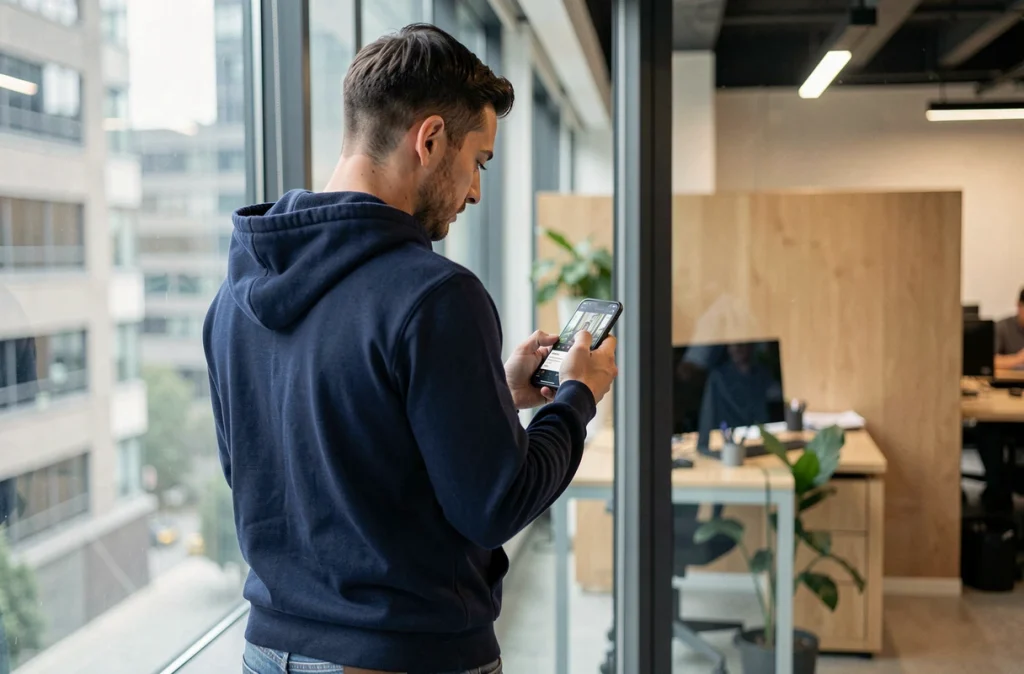 Homme consultant une interface vidéo mobile dans un espace de coworking lumineux avec vue urbaine
