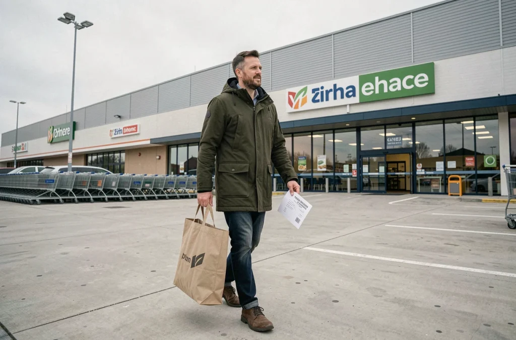 Homme se dirigeant vers l'entrée d'un supermarché pour récupérer une commande en point de retrait