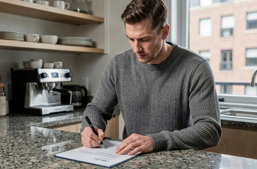 Homme signant un contrat de rachat de crédit immobilier dans sa cuisine