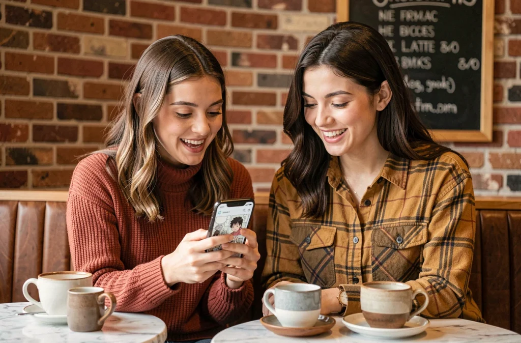 Deux amies lisant ensemble le manga Just Friend en VF sur un smartphone dans un café cosy, partageant un moment de lecture complice et détendu