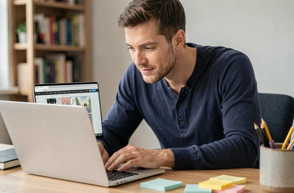 Homme lisant le manga Just Friend en version française sur un ordinateur portable, installé à un bureau en bois dans un bureau à domicile calme