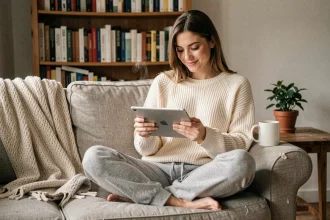 Jeune femme lisant un roman manga Just Friend en VF sur une tablette, installée confortablement sur un canapé en lin, ambiance cosy à la maison