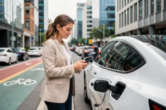 Femme utilisant une application mobile pour louer une voiture électrique dans une rue urbaine moderne