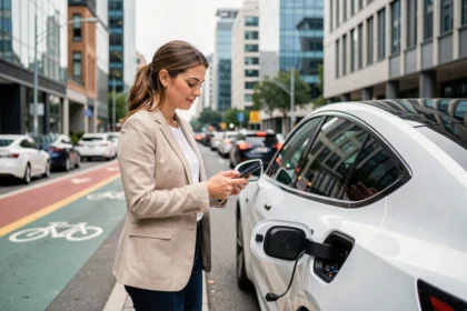 Femme utilisant une application mobile pour louer une voiture électrique dans une rue urbaine moderne