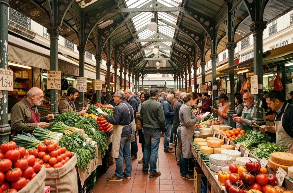 Marché couvert animé dans un arrondissement populaire de Paris avec des étals de fruits et légumes